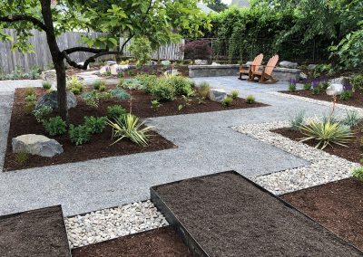 raised garden beds and gravel pathway