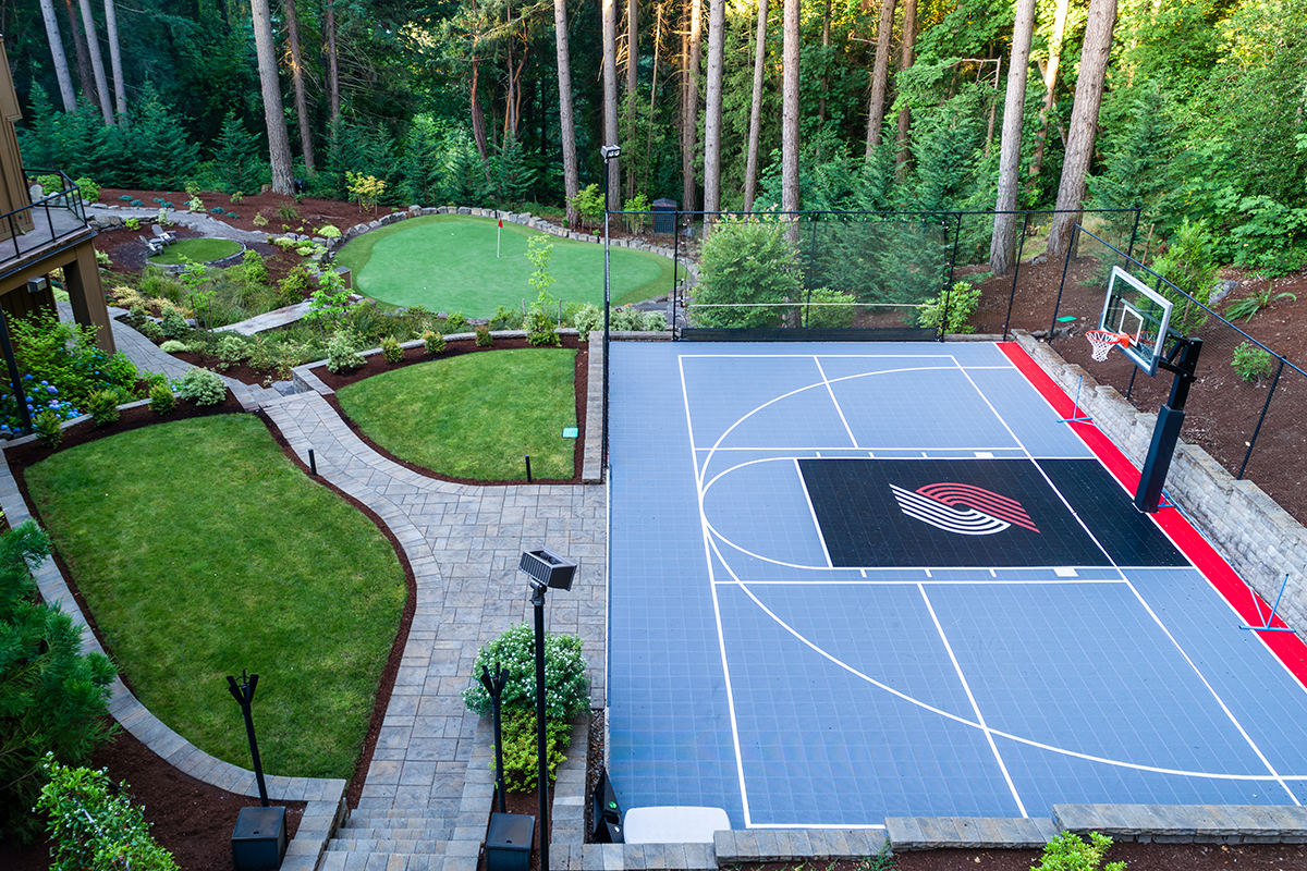 dennis7dees-residential-landscape_pnw-hillside-landscape-4 beautiful outdoor living area and custom Portland Blazers basketball court