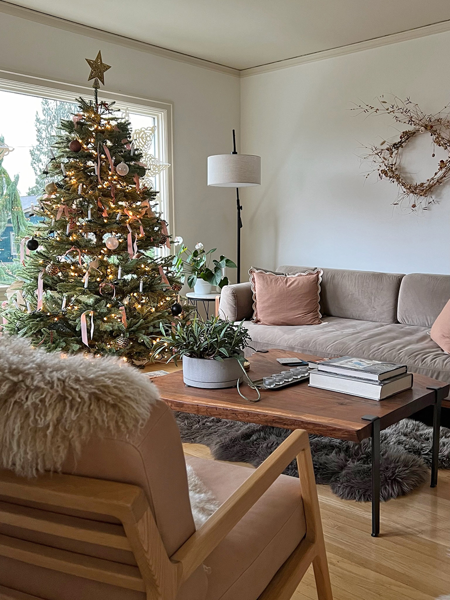 cozy home decorated for the holidays Christmas tree in cozy living room