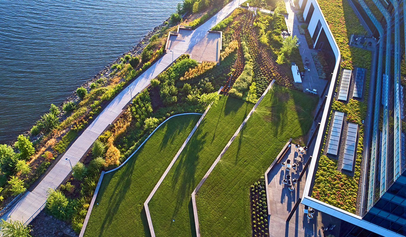 CM Commercial Landscaping at Daimler in Portland, OR - 7 Dees Landscaping Aerial view of large commercial property's tiered landscaping by 7 Dees